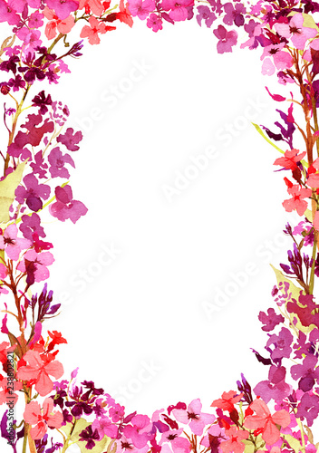 Fototapeta Naklejka Na Ścianę i Meble -  Hand drawn watercolor square rame with meadow small pink and violet flowers and herbs on white background. Design for cards, invitations, flyers.