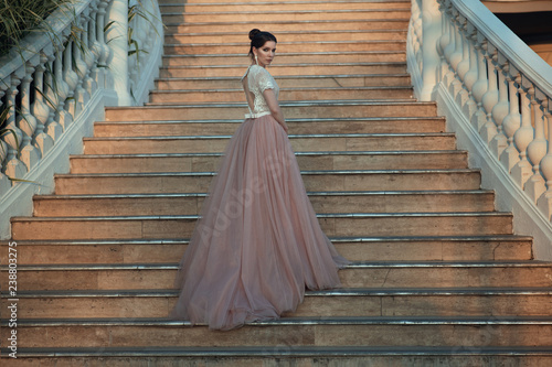 Beautiful lady in luxurious ballroom dress walking up the stairs of her palace. Baluster railing on both sides. Vintage concept