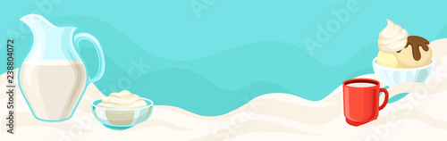 Dairy products, fresh organic milk products vector illustrations, colorful design element for poster or banner with space for your text
