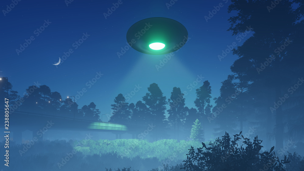3d Ufo at night above the highway with lanterns
