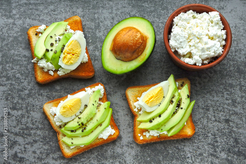Healthy cottage cheese avocado toast with egg. Keto diet. Keto snack or breakfast.