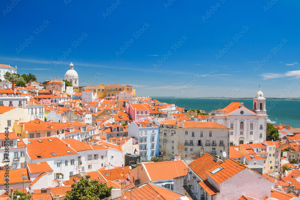 Portugal, Lisbon, aerial scenic view of central Lisbon Portugal with red tile roofs of the old city