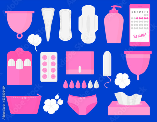 Woman hygiene products - tampon, menstrual cup, sanitary, pills. Vector flat big illustration set.