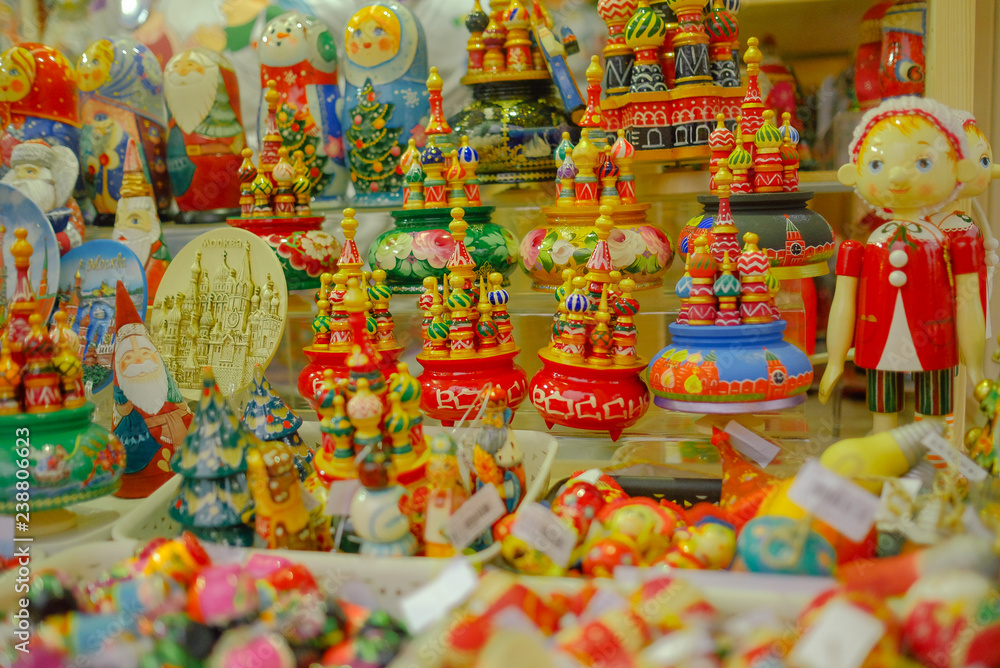 Russian souvenirs at city market in Moscow.