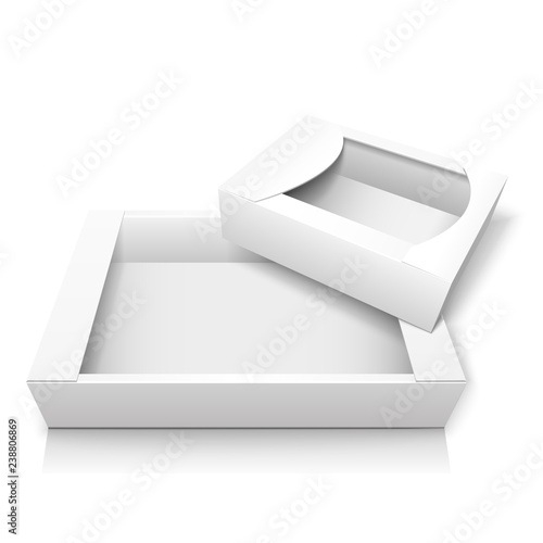 Two empty realistic cardboard box without lid for storing candy and baking, as well wrapping gifts and other items. Mockup. Isolated on white background. EPS10 vector illustration.