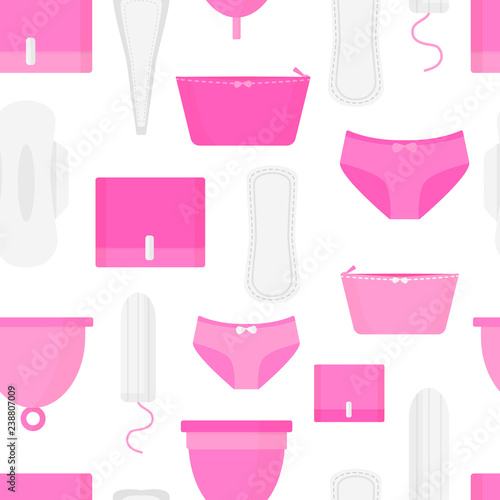 Seamless pattern of menstruation time. Woman hygiene products - tampon, menstrual cup, sanitary. Flat style.