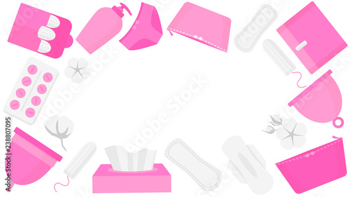 Woman hygiene products - tampon, menstrual cup, sanitary. Round frame of menstruation time.