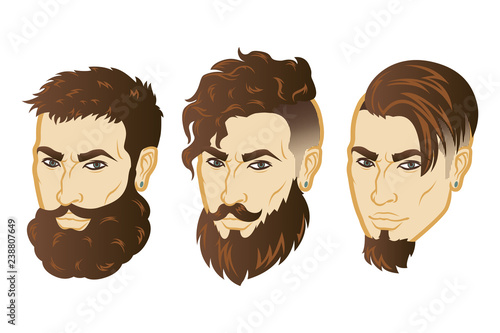 Set of Vector men face hipster head with haircuts. For avatars, emblems and icons, labels
