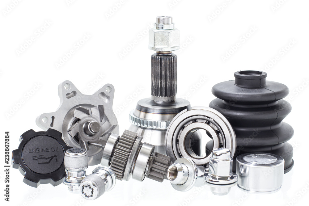 automobile engine parts isolated on white background. Auto shop automobile engine parts isolated on white background. Auto shop