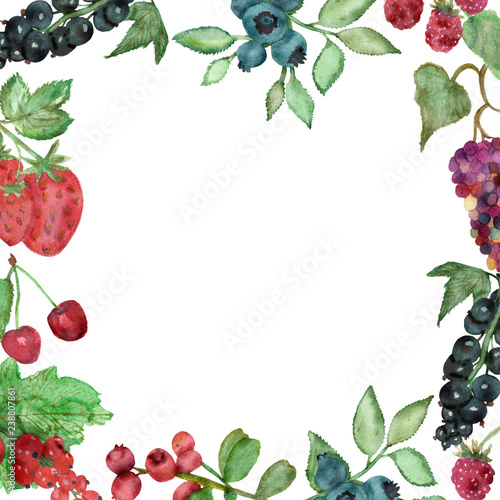 Watercolor frame of delicious berries with green leaves on the branches, isolated on a white background, hand-painted food for a beautiful design. Illustration of botanical berries for an elegant deco