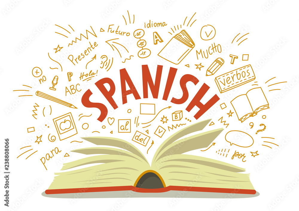 Poster Spanish Open book with language hand drawn doodles and Poster Spanish Open book with language hand drawn doodles and
