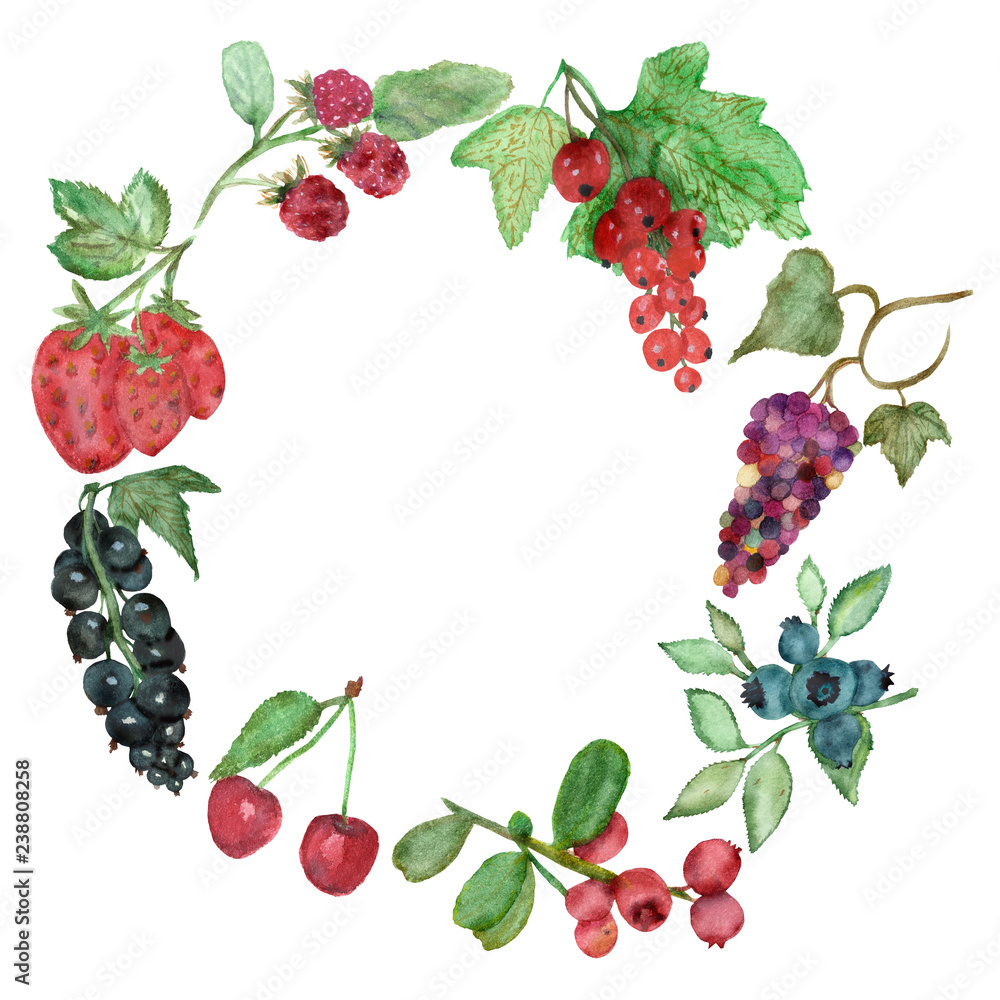 Watercolor round frame of delicious berries with green leaves on the branches, isolated on a white background, hand-painted food for a beautiful design. Illustration of botanical berries for an elegan Watercolor round frame of delicious berries with green leaves on the branches, isolated on a white background, hand-painted food for a beautiful design. Illustration of botanical berries for an elegan