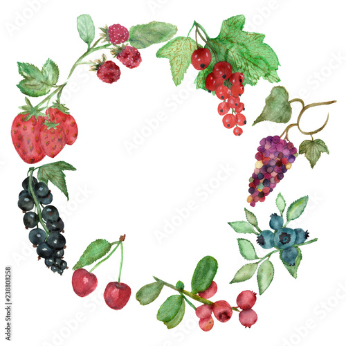 Watercolor round frame of delicious berries with green leaves on the branches, isolated on a white background, hand-painted food for a beautiful design. Illustration of botanical berries for an elegan