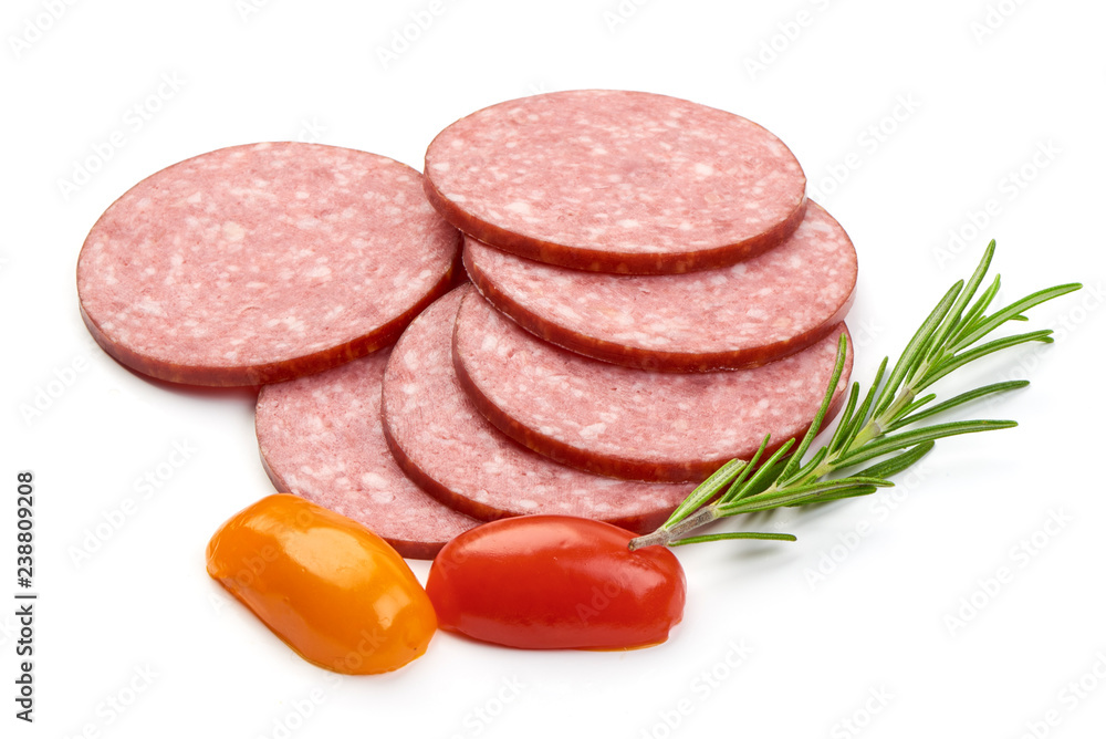 Salami Slices with herbs and tomatoes, isolated on a white background. Close-up Salami Slices with herbs and tomatoes, isolated on a white background. Close-up