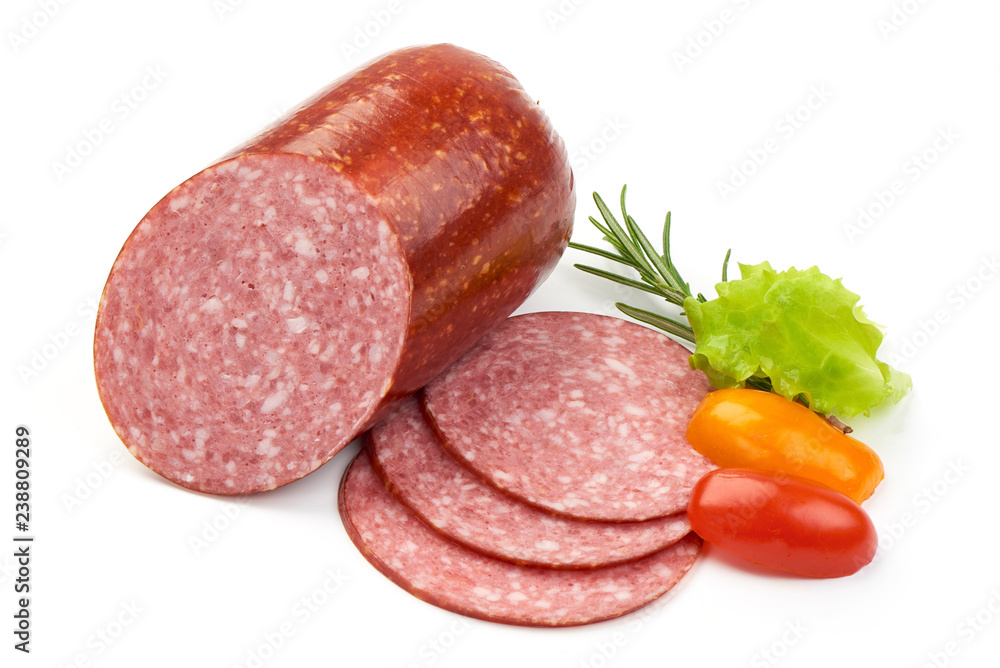 Cold Salami with slices, herbs and tomatoes, isolated on a white background. Close-up Cold Salami with slices, herbs and tomatoes, isolated on a white background. Close-up