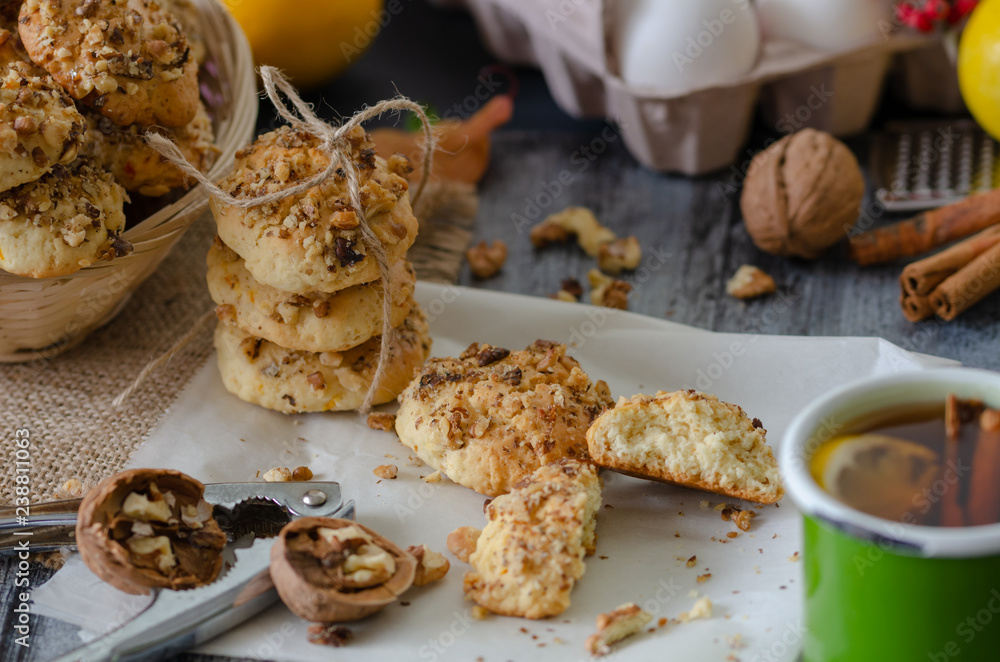 Homemade cookies with walnuts and cup of tea Homemade cookies with walnuts and cup of tea