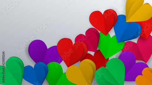 Background with many small colored paper volume hearts on white