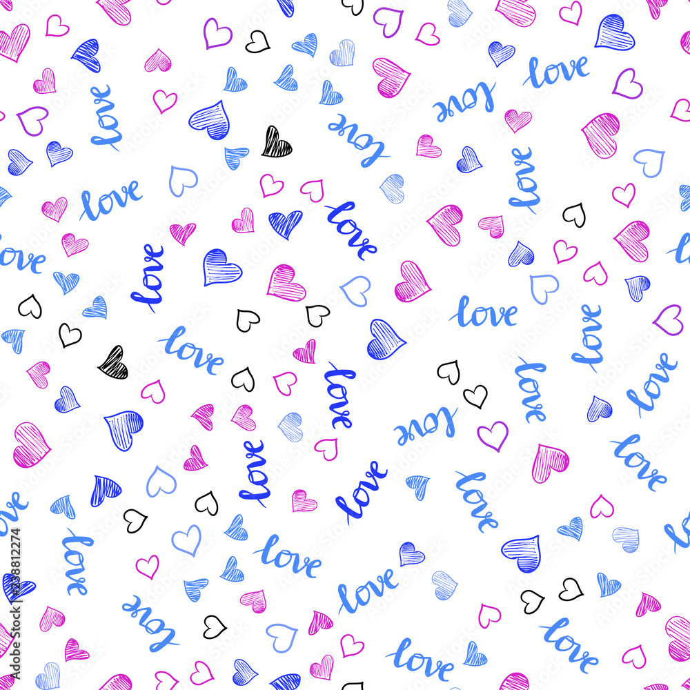Light Pink, Blue vector seamless template with text LOVE YOU, hearts.