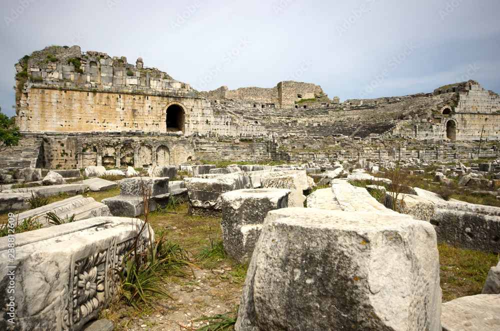 Frontal view from ruins of Miletus ancient city theater 