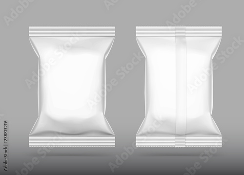 Realistic vertical pillow bag mockup. Front and rear view. Vector illustration isolated on white background. Can be used for food, hygiene, cosmetic. EPS10.