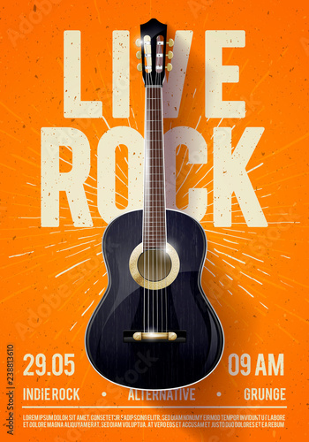 Vector Illustration Beautiful Live Classic Rock Music Poster template. For Concert Promotion in Clubs, Bars, Pubs and Public Places. Music Themed Wall Art with Cool Lettering and Classical Guitar