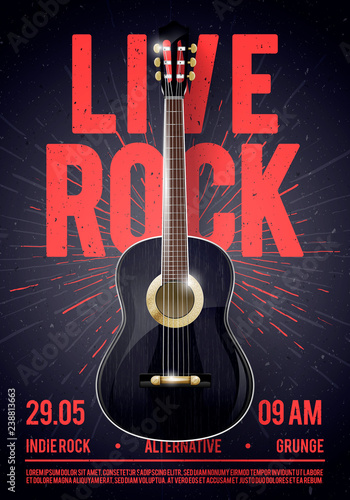 Vector Illustration Beautiful Live Classic Rock Music Poster template. For Concert Promotion in Clubs, Bars, Pubs and Public Places. Music Themed Wall Art with Cool Lettering and Classical Guitar