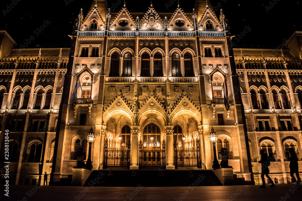 View of the entrance facade of the Budapest Parliament at night with silhouettes, Hungary
