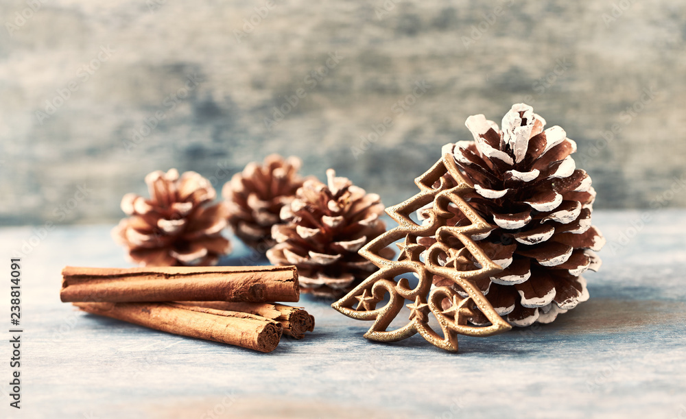 Fototapeta premium Christmas decoration. Christmas tree. Christmas time. Rustic wooden background. Copy space. 