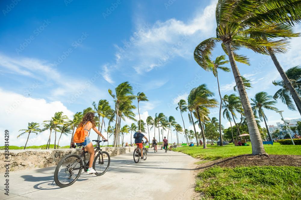 Fototapeta premium Jasny, malowniczy widok na nadmorską promenadę w Lummus Park w sąsiedztwie historycznego Ocean Drive w South Beach, Miami na Florydzie