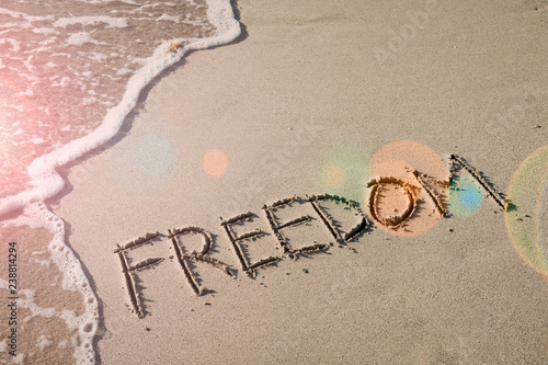 Canvas Print Freedom message handwritten in smooth sand with inspirational lens flare next to