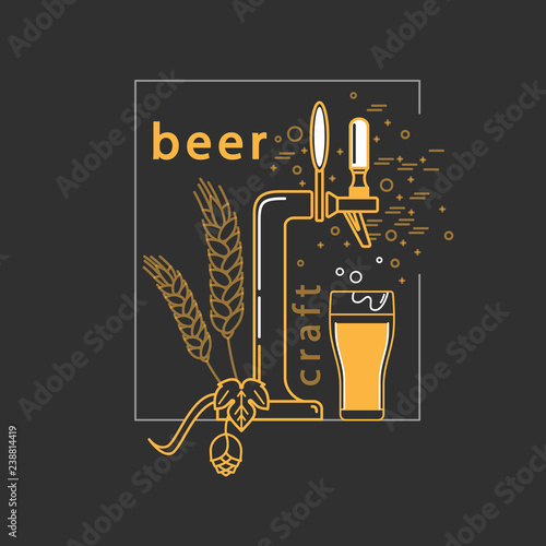 Brewery, craft beer label, alcohol shop, pub icon. Vector symbol in modern line style with beer tap, hop, wheat and beer glass.  Isolated elements on a dark background.