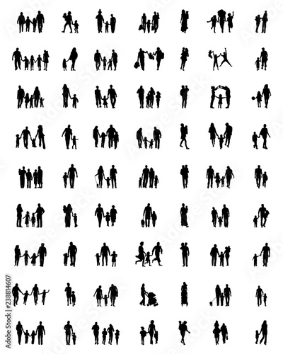 Black silhouettes of families in walking on white background