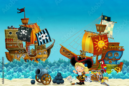Cartoon scene of beach near the sea or ocean - pirate captain woman on the shore and treasure chest - pirate ships - illustration for children