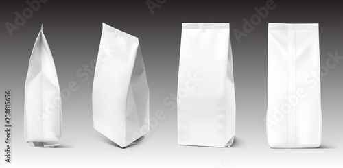 Realistic vertical bag mockup. Front, side, rear and perspective view. High realistic vector illustration on gradient background. Easy to use for presentation your product, idea, design. EPS10.