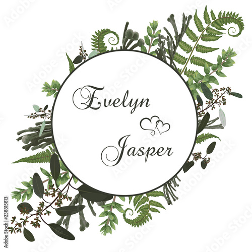 Wedding floral invitation, invite card. Vector watercolorgreen forest leaf, fern, brunia, branches boxwood, buxus, eucalyptus. Natura, botanical green decorative round frame