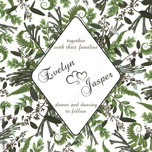 Wedding square floral invitation, invite card. Vector watercolor set green forest fern, herbs, brunia, eucalyptus, branches boxwood, buxus. Botanical decorative round frame, rhomb, geometric. Rhombus
