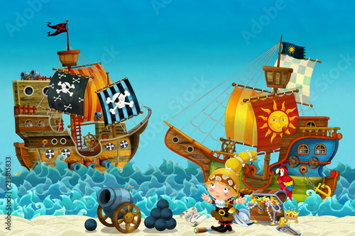 Cartoon scene of beach near the sea or ocean - pirate captain woman on the shore and treasure chest - pirate ships - illustration for children