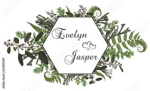 Wedding horizontal floral invitation, invite card. Vector watercolor set green forest fern, herbs, brunia, eucalyptus, branches boxwood, buxus. Botanical decorative frame, geometric