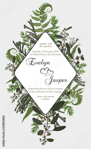 Wedding vertical floral invitation, invite card. Vector watercolor set green forest fern, herbs, brunia, eucalyptus, branches boxwood, buxus. Botanical decorative round frame