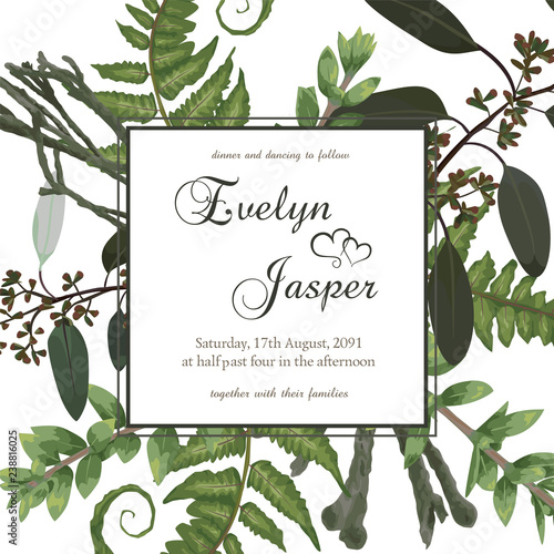 Wedding floral invitation, invite card. Vector watercolor green forest leaf, fern, brunia, branches boxwood, buxus, eucalyptus. Natural, botanical decorative frame gold, square