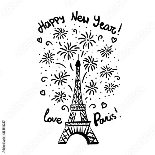 Happy New Year in Paris Card. Vector illustration black ink Eiffel Tower with salute