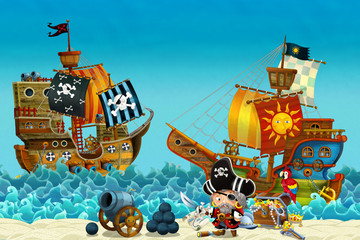 Wandcirkels Piraten Piratenkapitein met schatkist op strand  © honeyflavour