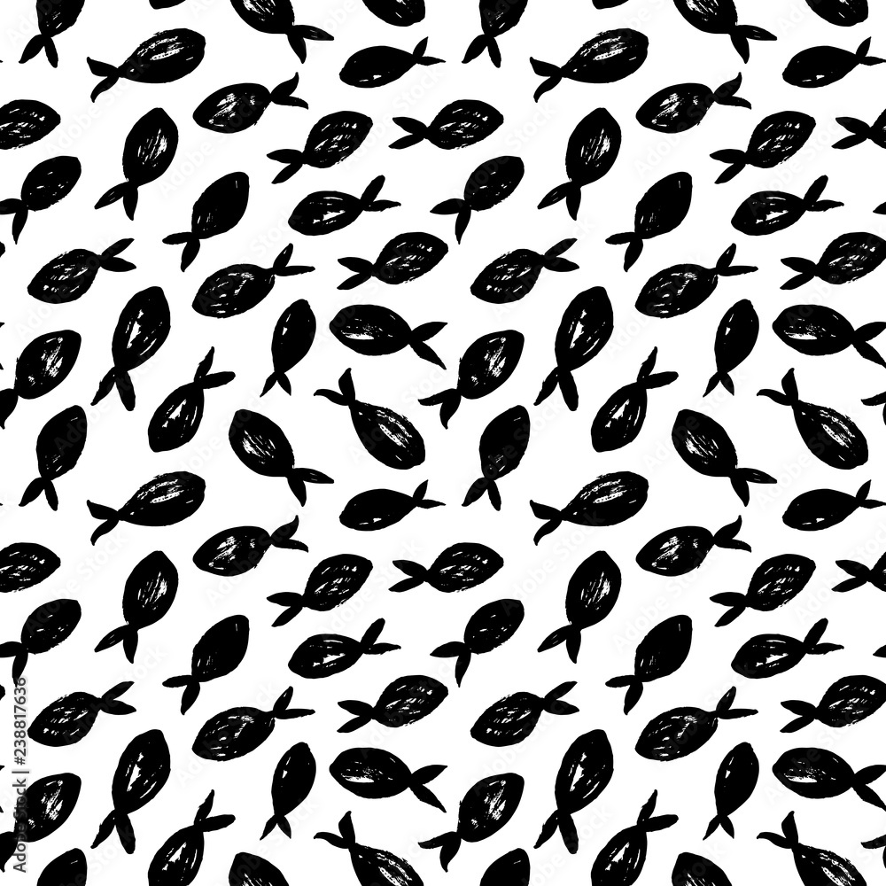 Seamless pattern with abstract fishes. Hand drawn vector ornament for wrapping paper. Grunge illustration. Seamless pattern with abstract fishes. Hand drawn vector ornament for wrapping paper. Grunge illustration.