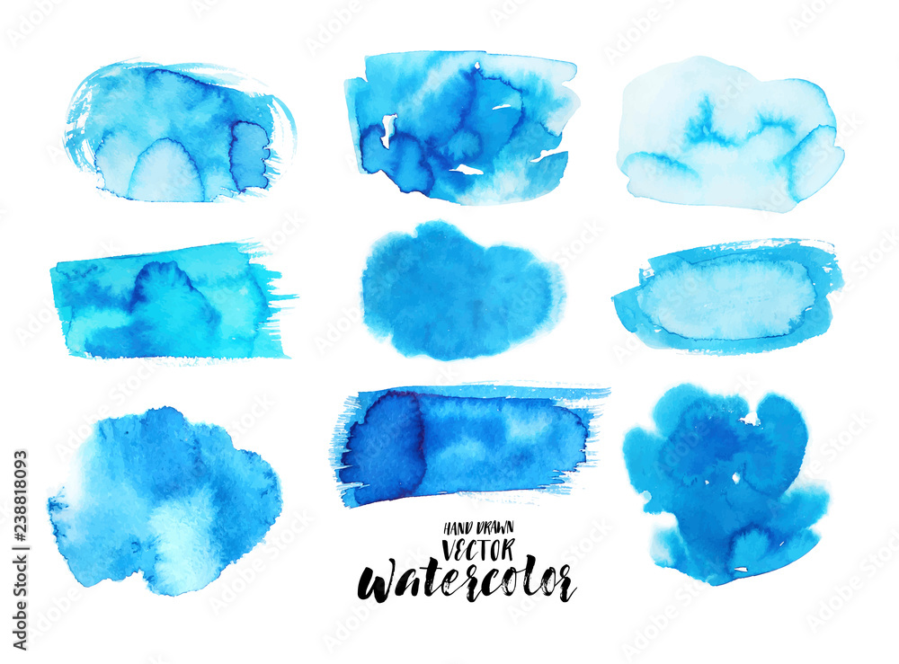 Collection of hand drawn abstract blue watercolor blots. Hand drawn watercolor shapes.