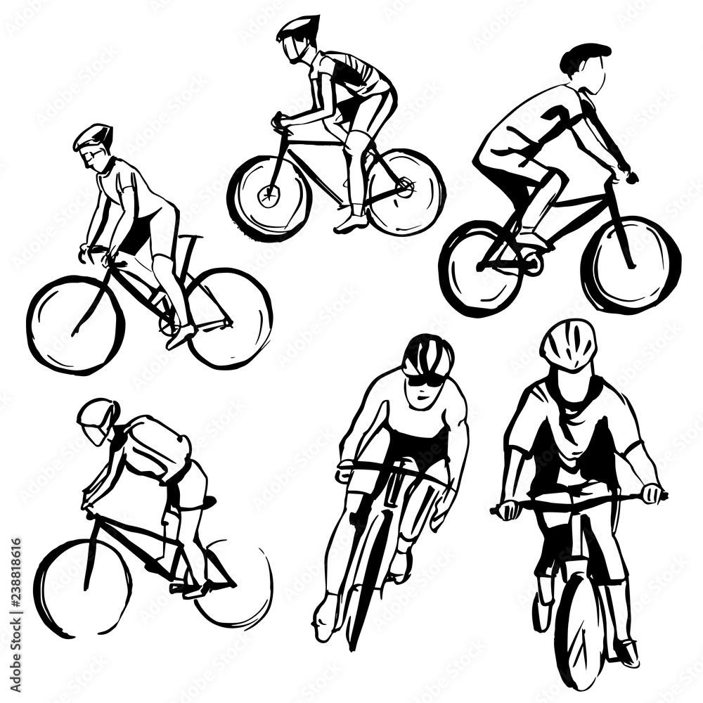 Obraz premium Hand drawn cyclists . Vector sketch illustration.