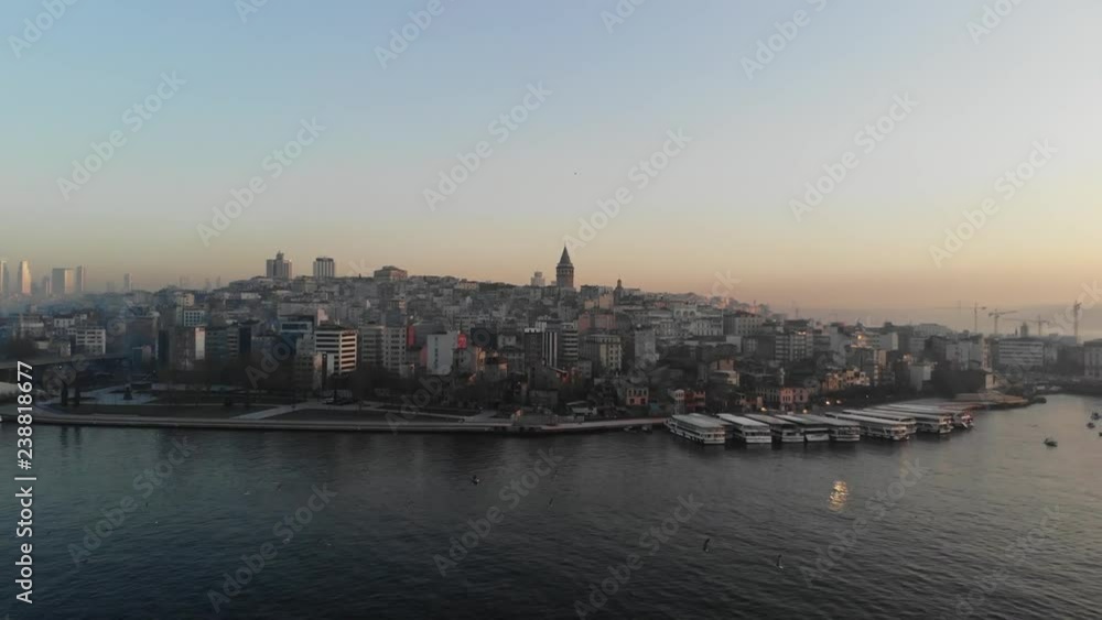 Galata tower Drone camera is moving up and backwards, a bird's eye view of the sky of istanbul Turkey, city, Galata tower Drone camera is moving up and backwards, a bird's eye view of the sky of istanbul Turkey, city,