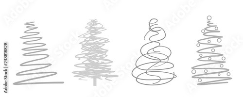 Christmas trees on white. Set for icons on isolated background. Geometric art. Objects for polygraphy, posters, t-shirts and textiles. Black and white illustration