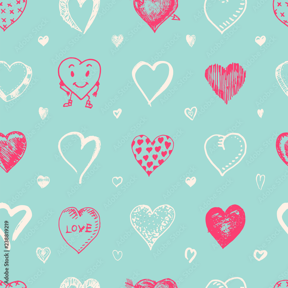 Hearts Seamless pattern. Doodle Valentine. Love symbol. Engraved hand drawn sketch for texture