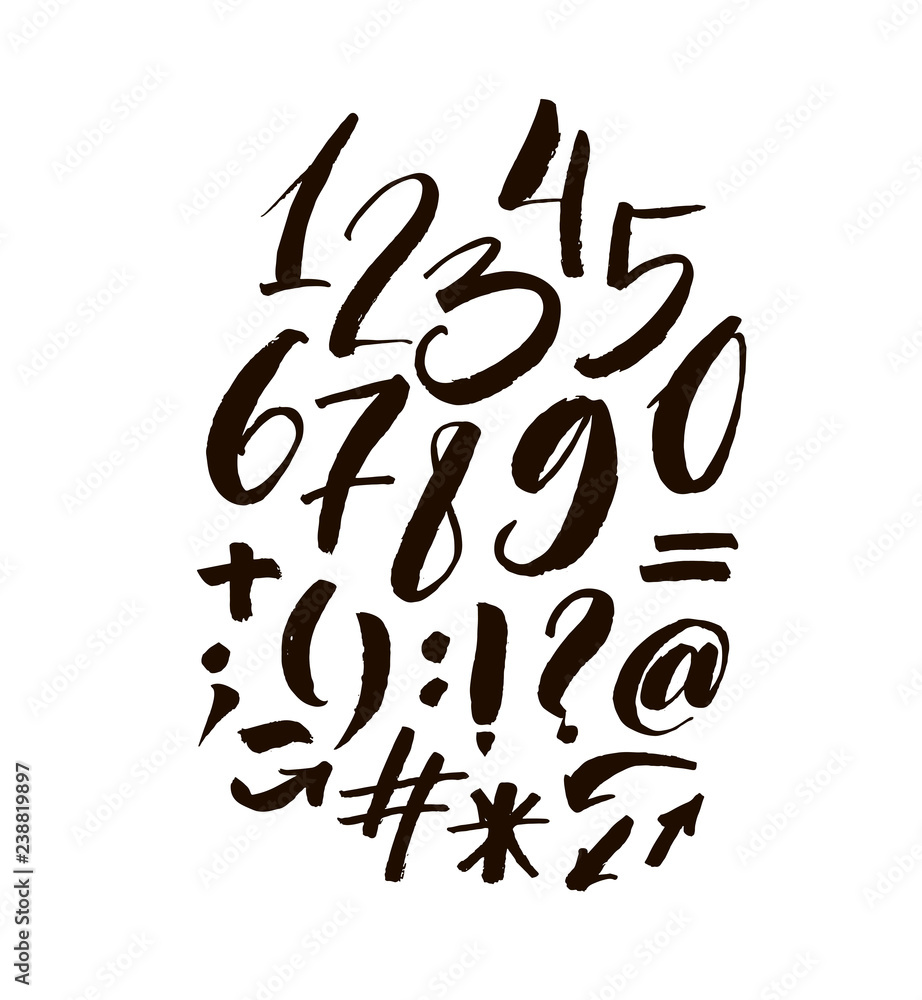 Collection of hand drawn numbers and orthographic symbols. Modern brush calligraphy. Collection of hand drawn numbers and orthographic symbols. Modern brush calligraphy.