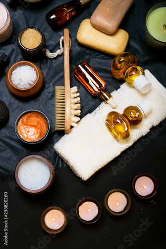 luxury Set of spa products with accessoires on black background
